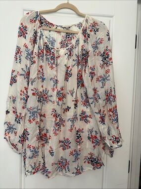 Lucky Brand Cream Floral Peasant Blouse with Red & Blue Accents
